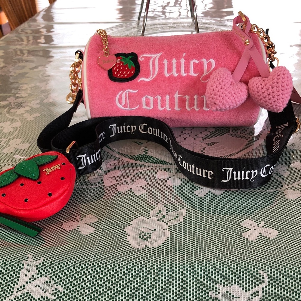 Juicy Couture Pink Velvet Barrel Bag with Heart Charm and Strawberry Pouch - Picture 10 of 11
